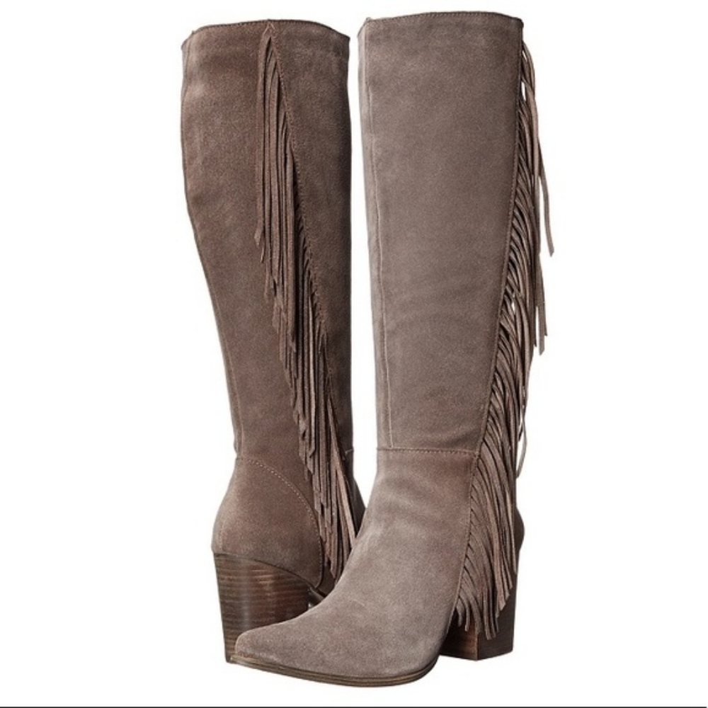Steve Madden Taupe Suede Fringe Knee-High Heeled Boots